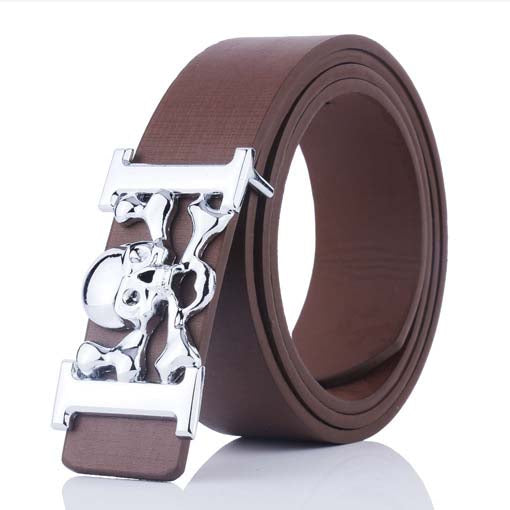 Solid Color Skull Buckle Leather Belt