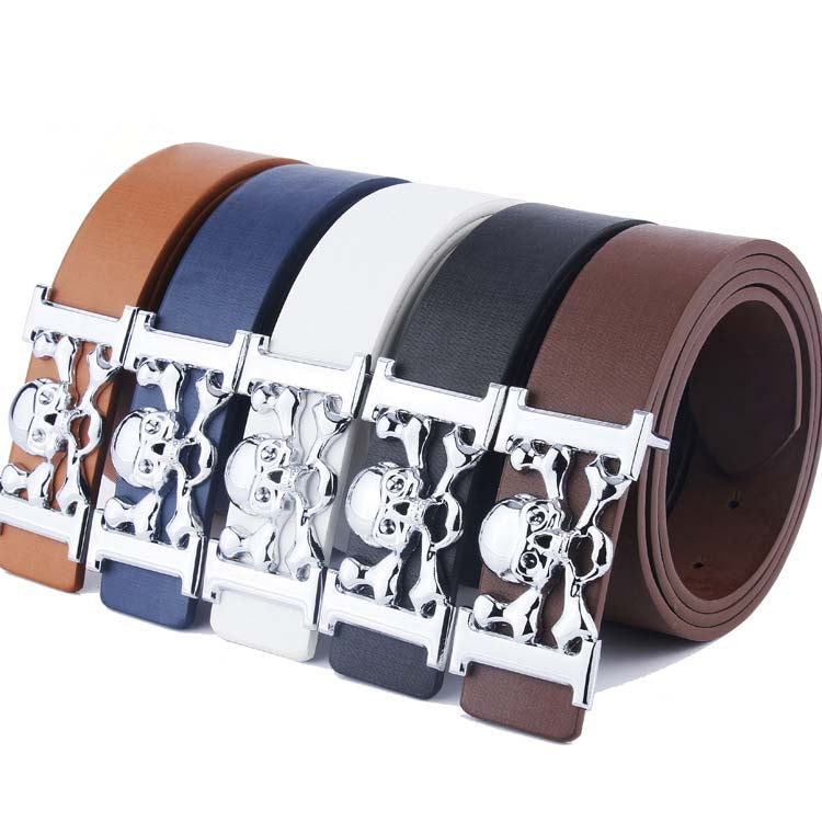 Solid Color Skull Buckle Leather Belt