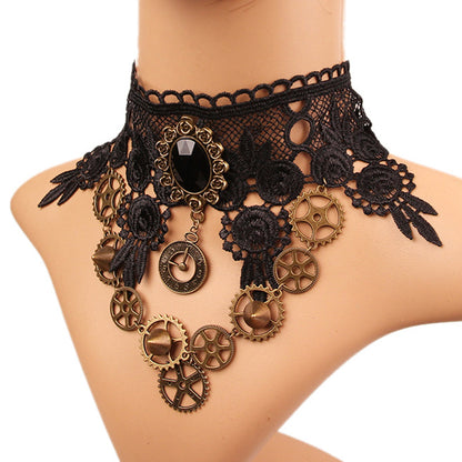 Vintage Gears Rhinestone Lace Choker Necklace