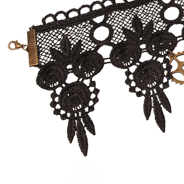 Vintage Gears Rhinestone Lace Choker Necklace
