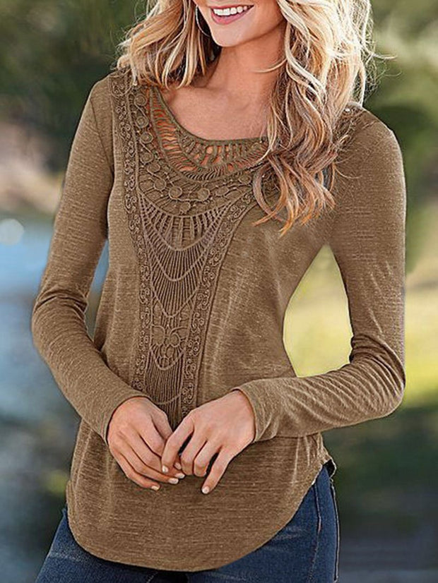 Long-sleeved Lace Hollow Solid Color T-shirt