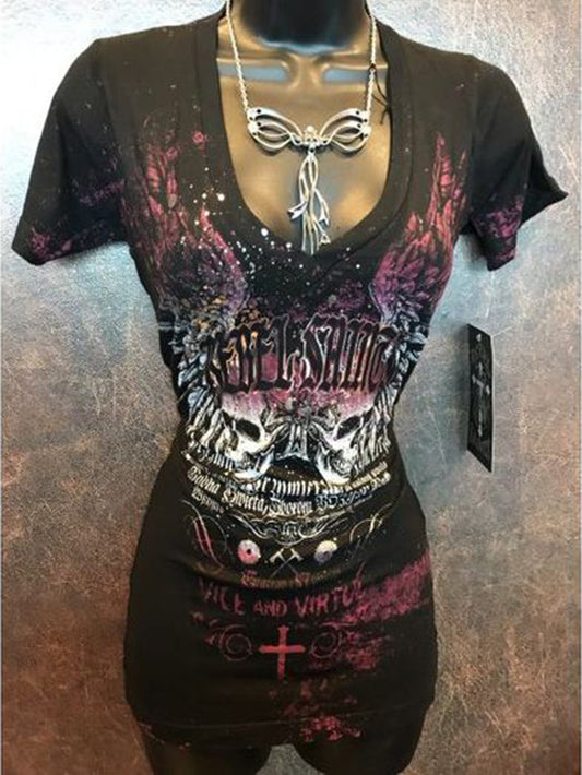 Kurzarm-T-Shirt für Damen mit Punk-V-Ausschnitt und Retro-Print 