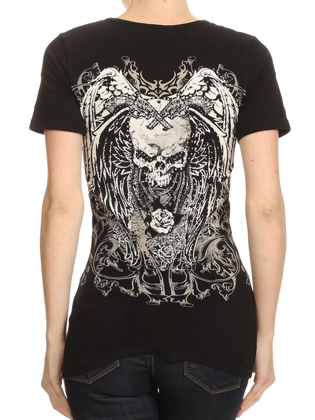 V-Ausschnitt Totenkopf Flügel Punk Print Retro Damen T-Shirt 