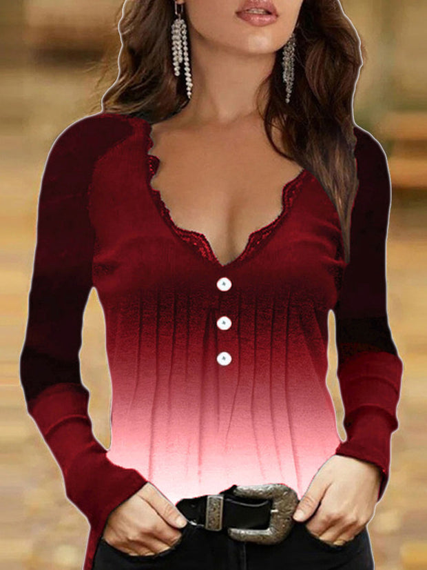 Gradient Lace V-neck Long Sleeve Top