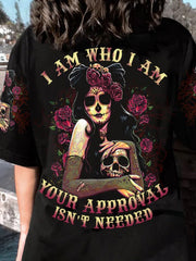 Damen T-Shirt mit Totenkopf- und Rosen-Print und personalisiertem Slogan 