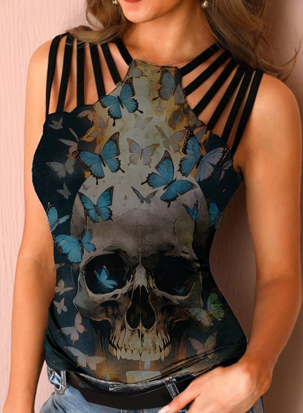 Sexy Butterfly Skull Print Hollow-out Diagonal Striped Neckline Vest