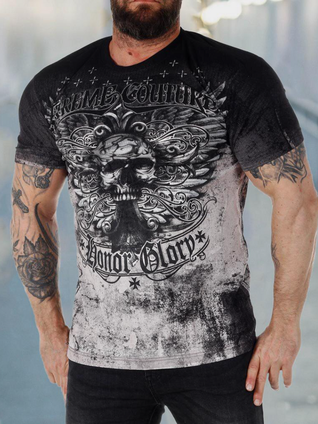 Gothic Skull Wings Printed Casual T-Shirt