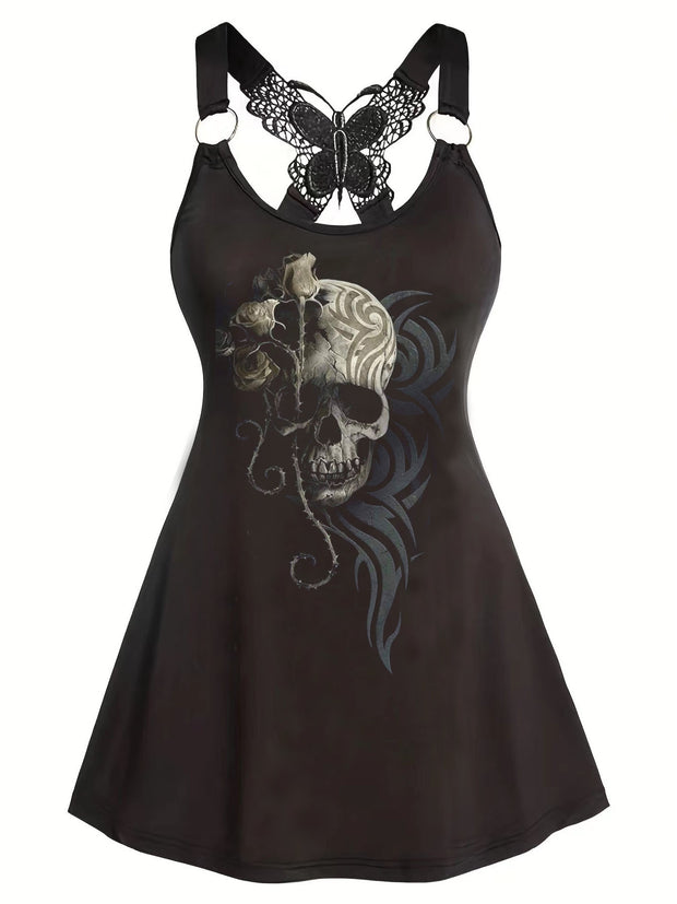 Schmal geschnittenes Kleid mit Rosen-Totenkopf-Symbol-Print und Schmetterlings-Sling
