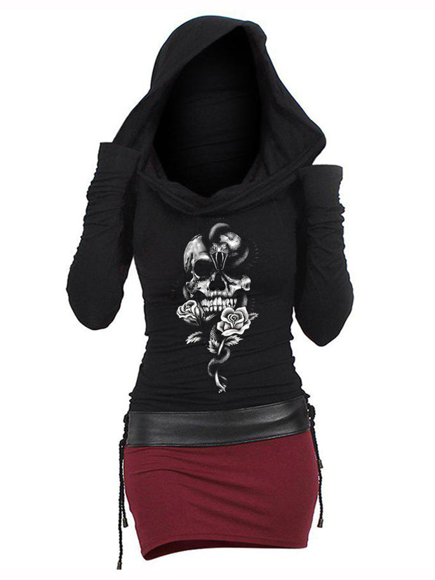Sexy Snake and Skull Head Colorblock Hood Dresses