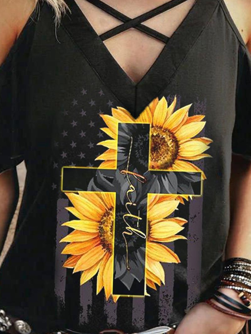 Cross Sunflower Printed Cold Shoulder T-shirt