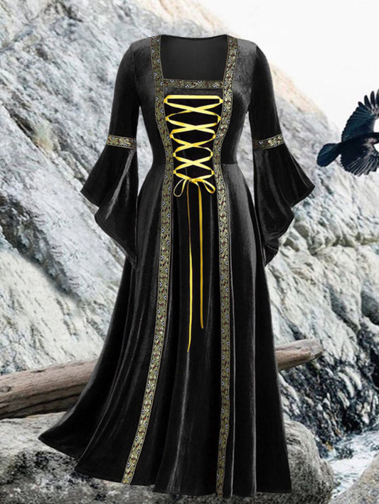 Gothic punk style long-sleeved lace-up gold velvet dress robe