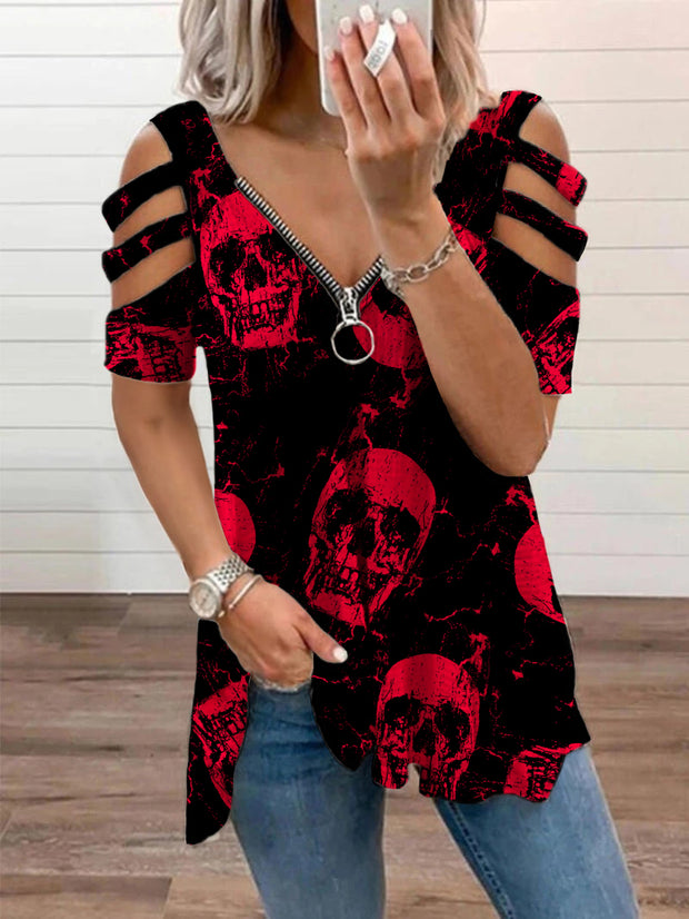 T-Shirt mit rotem Gothic-Totenkopf-Print 