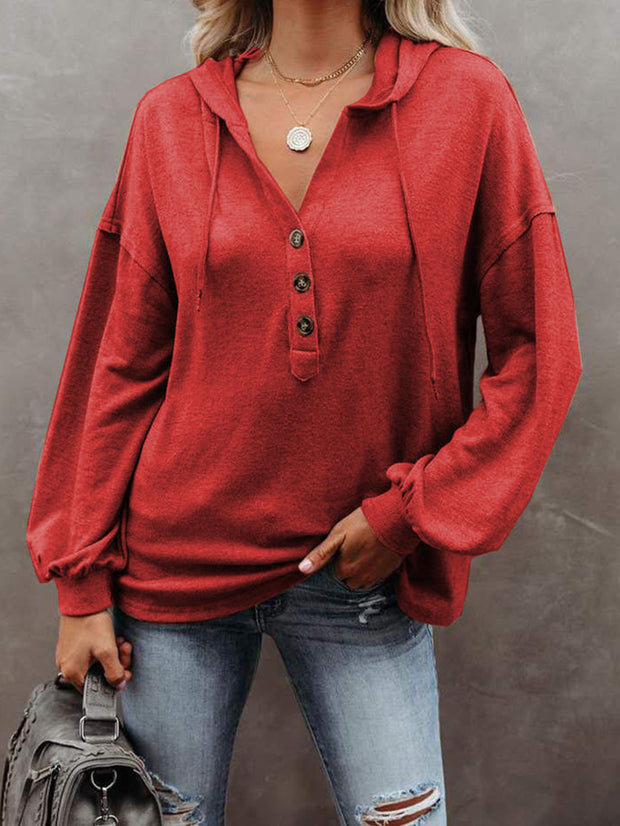 Buttoned Hoodie Casual Loose Solid Color Sweatshirt