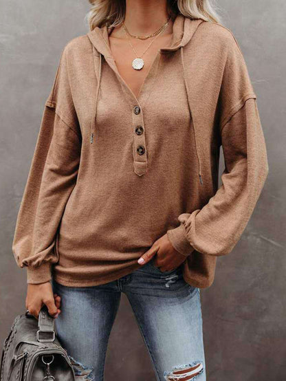 Buttoned Hoodie Casual Loose Solid Color Sweatshirt