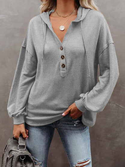 Buttoned Hoodie Casual Loose Solid Color Sweatshirt