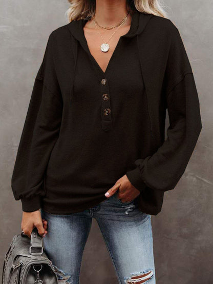 Buttoned Hoodie Casual Loose Solid Color Sweatshirt