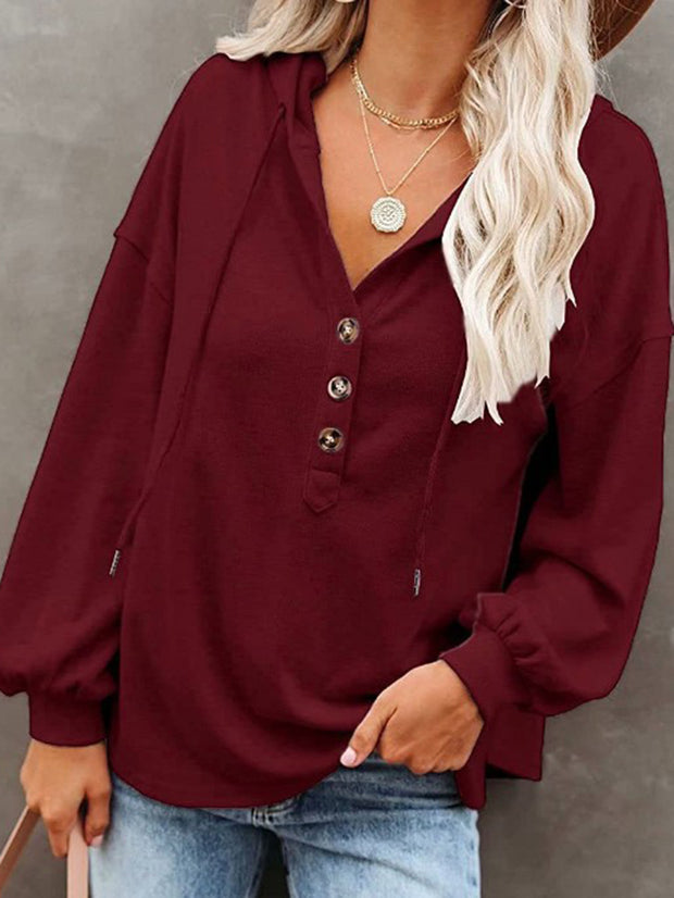 Buttoned Hoodie Casual Loose Solid Color Sweatshirt