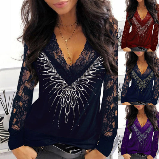 Women's Stitching V-neck Long-sleeved T-shirt