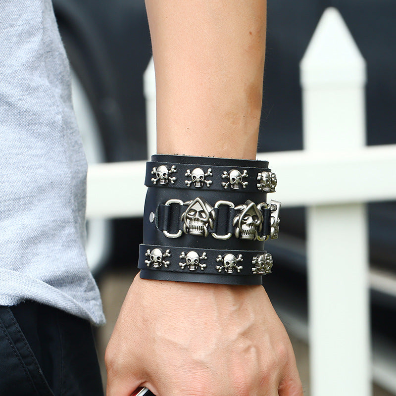 Punk Skull Wide Cowhide Bracelet