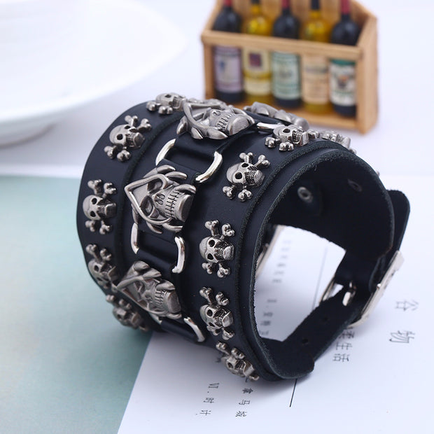 Bracelet large en cuir de vache Punk Skull 
