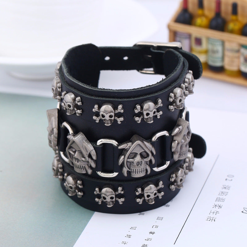 Punk Skull Wide Cowhide Bracelet