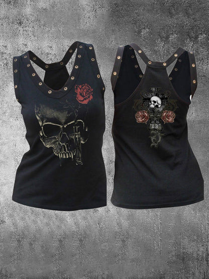 Skull Flower Print Casual Sexy Punk Vest