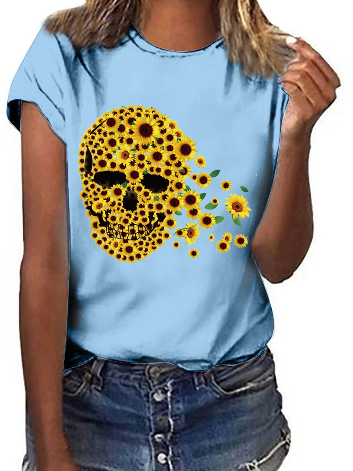 Short Sleeve Sunflower Skull Printed T-shirt