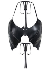 Sexy Neckholder-Top aus Leder mit Fledermaus-Muster und rückenfreiem Schnürverschluss 