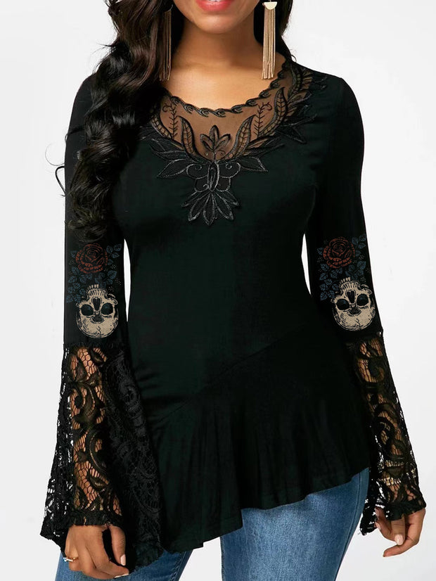 Rose Skull Long Sleeve Lace Stitching Irregular T-shirt