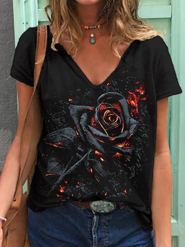 V-neck Short-sleeved Rose Printed Loose T-shirt