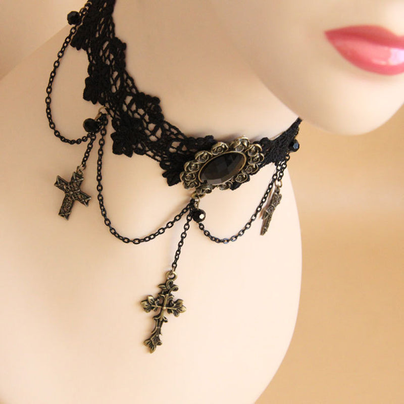 Delicate Chain Cross Gothic Laced Choker