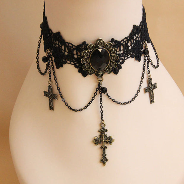 Delicate Chain Cross Gothic Laced Choker