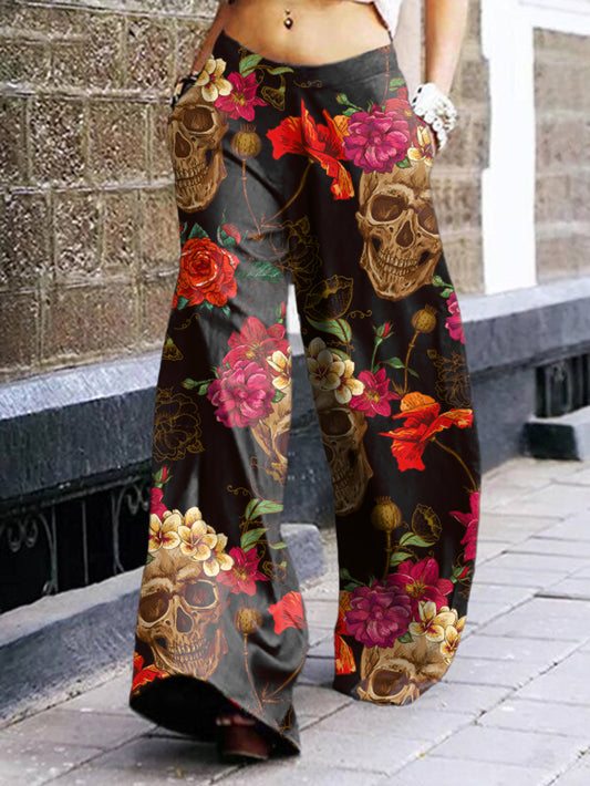 Hose mit leuchtendem Blumen- und Totenkopf-Print 