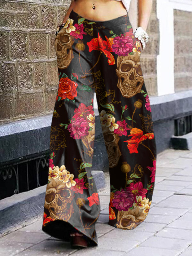 Pantalon à imprimé floral et tête de mort aux couleurs vives 