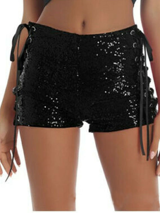 Short à paillettes creuses à lacets sexy taille haute pour femme 