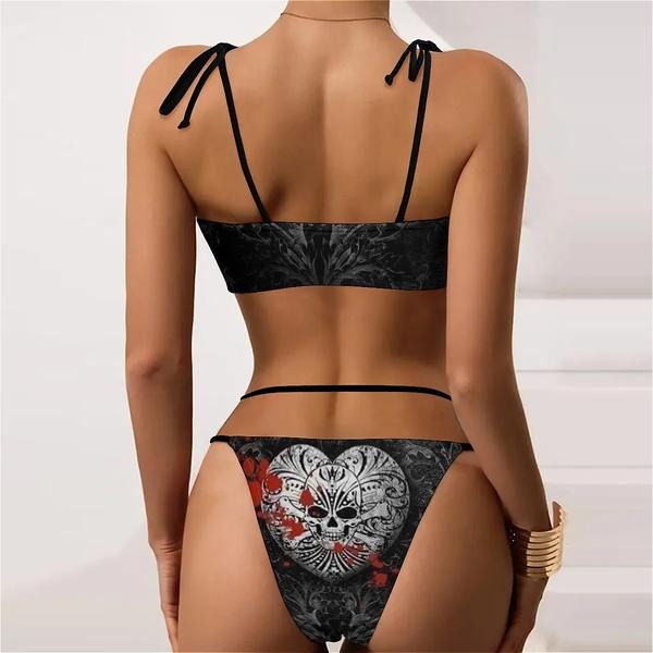 Sexy Bikini-Badeanzug mit Band und Gothic-Print im Totenkopf- und Blut-Design
