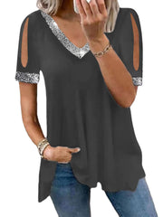 Solid Color Fashion Off-The-Shoulder Sequined T-Shirt