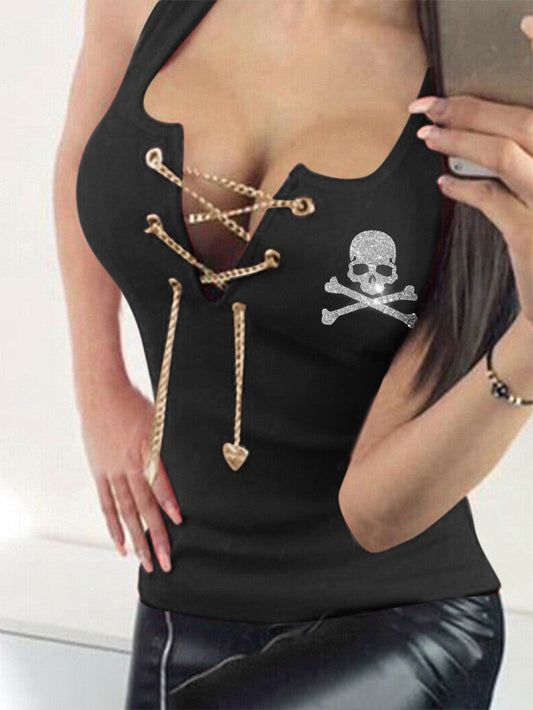 Women's Rhinestone Skull Corns Lace-up Sexy Vest