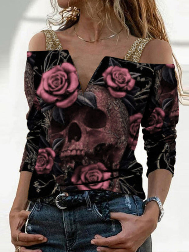 V Neck Long Sleeve Skull Flower Print T-Shirt