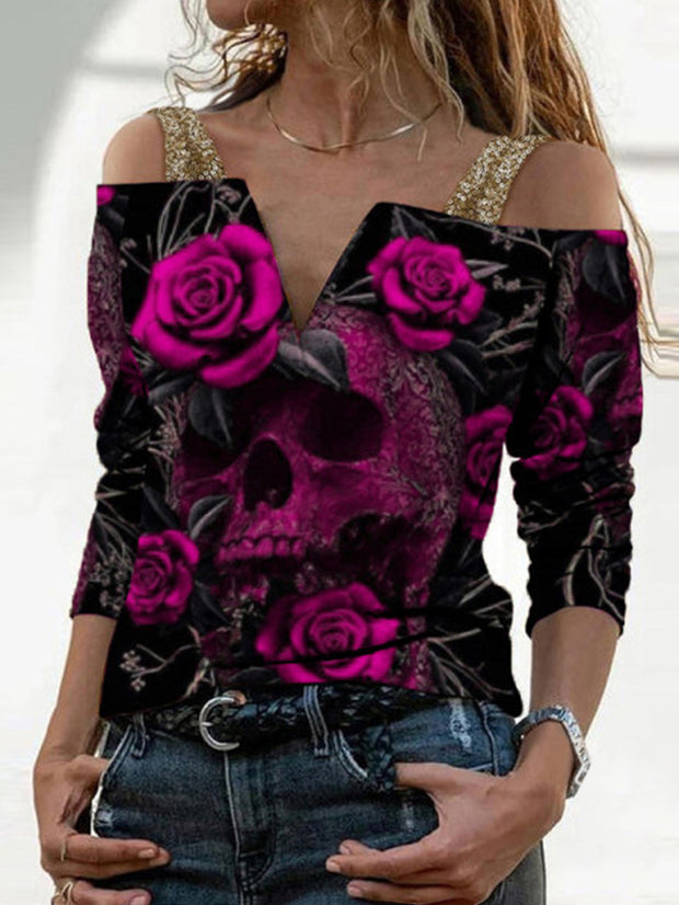 T-Shirt mit V-Ausschnitt und langen Ärmeln, Totenkopf- und Blumen-Print 