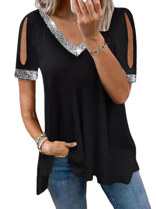 Solid Color Fashion Off-The-Shoulder Sequined T-Shirt