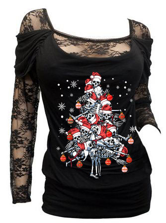 Sexy Langarm-Top mit Blumenspitze und Skelett-Weihnachtsbaum