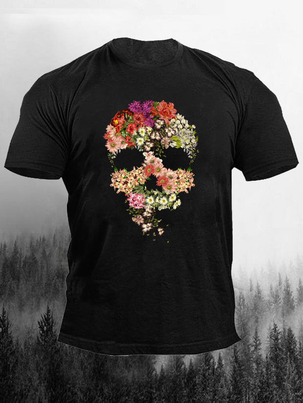 T-shirt pour hommes imprimé crâne floral créatif 