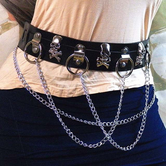 Ceinture en cuir avec chaînes de crâne punk 