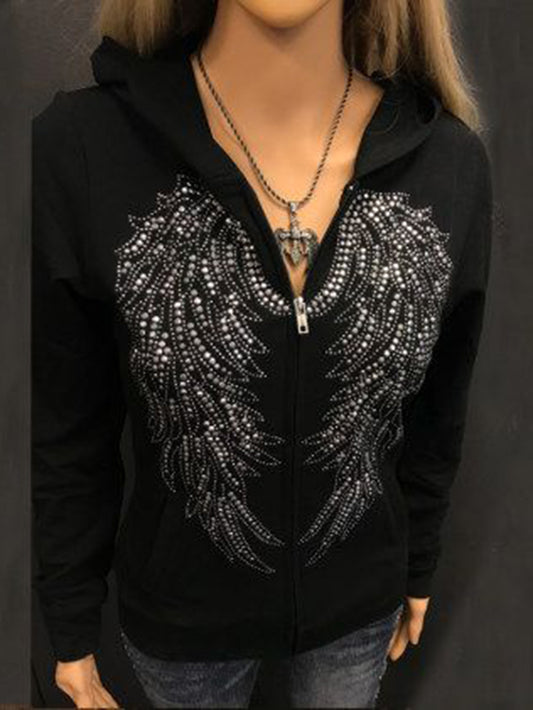 Wings Rhinestone Zipper Retro Street Hooded Jacket