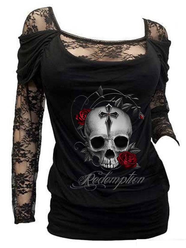 Redemption Skull With Roses Sexy Floral Lace Long Sleeve Top