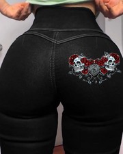 Skull Heart-Shape Lock Print Peach Hip Shaping Jeans