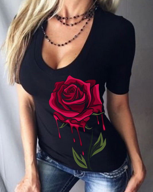 Sexy T-Shirt mit V-Ausschnitt und kurzen Ärmeln im Punk-Stil mit Rose