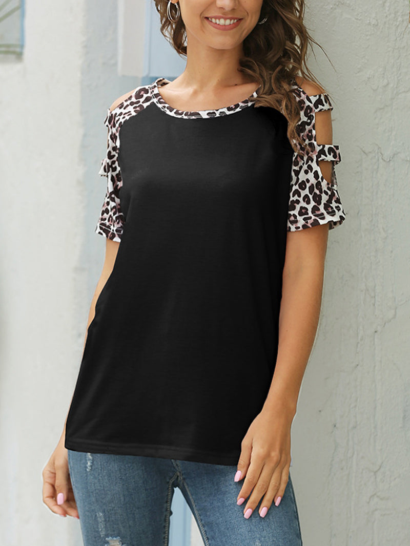 Leopard Print Crew Neck Panel Casual T-Shirt