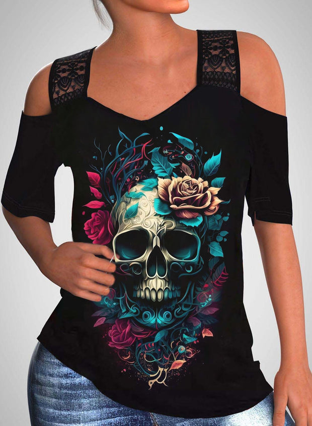 Gothic Skull Print off-the-Shoulder Lace Ribbon Short Sleeve Top